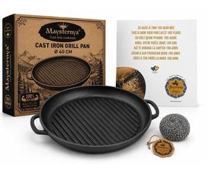 MAYSTERNYA Poêle à griller ronde en fonte - ø 40 x 4 cm - Accessoires pour BBQ - Cuisine d'extérieur - BBQ - Rôtissage - Plaque de cuisson - Noir mat