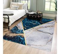 Mazovia Tapis de Sol Moderne - Lavable Tapis Imprimé à Poils Courts - Marbre Abstrait Motif - Doux Moquette pour Chambre - Tapis Antidérapant Toscana - Tapis Salon Bleu Gris Or 120x170 cm