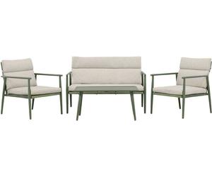 Mazzarosalon 1 canapé, 2 fauteuils, 1 table basse verte.