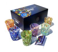 MAZZEGA ART & DESIGN - Verres Tumbler Colombina en Verre Soufflé et Travaillés à la Main avec des Murrines de Murano, ligne « Les Couleurs de Murano » 350 ml. Fabriqué en Italie. (6, MIX+BOX)