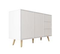 MB Muebles Bonitos | Buffet Renzo L 120 cm Blanc | 2 Portes + 3 Tiroirs | Façades Rainurées, Ouverture Push, Pieds en Bois | Meuble de Rangement Salon Salle à Manger