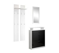 MB Muebles Bonitos, Ensemble Meuble d’Entrée Paola Set avec Meuble à Chaussures, Miroir, Porte-Manteau, Lumière LED, Design Moderne, Mélamine Brillante, Couleur Blanc et Noir