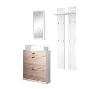 MB Muebles Bonitos, Ensemble Meuble d’Entrée Paola Set avec Meuble à Chaussures, Miroir, Porte-Manteau, Lumière LED, Design Moderne, Mélamine Mate et Brillante, Couleur Blanc et Sonoma