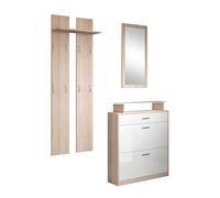 MB Muebles Bonitos, Ensemble Meuble d’Entrée Paola Set avec Meuble à Chaussures, Miroir, Porte-Manteau, Lumière LED, Design Moderne, Mélamine Mate et Brillante, Couleur Sonoma et Blanc