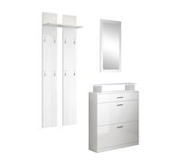 MB Muebles Bonitos, Ensemble Meuble d’Entrée Paola Set avec Meuble à Chaussures, Miroir, Porte-Manteau, Lumière LED, Design Moderne, Mélamine Brillante, Couleur Blanc