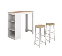 MB Muebles Bonitos | Ensemble Table Haute et 2 Tabourets Kyra | Mange-Debout de Cuisine avec 3 Étagères de Rangement | Set de Bar Moderne Gain de Place | Blanc et Sonoma | 110x103x50 cm