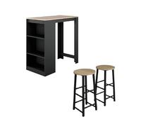 MB Muebles Bonitos | Ensemble Table Haute et 2 Tabourets Kyra | Mange-Debout de Cuisine avec 3 Étagères de Rangement | Set de Bar Moderne Gain de Place | Noir et Sonoma | 110x103x50 cm