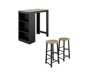 MB Muebles Bonitos | Ensemble Table Haute et 2 Tabourets Kyra | Mange-Debout de Cuisine avec 3 Étagères de Rangement | Set de Bar Moderne Gain de Place | Noir et Sonoma | 110x103x50 cm