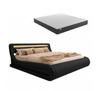 MB Muebles Bonitos, Lit Double Rodas avec Matelas 160x200 cm, Lumière LED, Coffre de Rangement, Sommier à Lattes, Cadre en Bois Recouvert de Simili Cuir, Couleur Noir