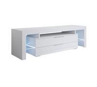MB Muebles Bonitos, Meuble TV Selma avec Lumière LED pour Salon Moderne, 2 Tiroirs avec Poignées Métalliques, Meuble en Mélamine Brillante, Couleur Blanc, 160x53x35 cm