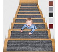 MBIGM Tapis d'escalier antidérapants, Lot de 15, 20 x 76 cm, Gris | Adhésif réutilisable, surface textile douce et couche amortissante, pour marches intérieures, pose sans outils