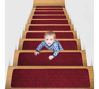 MBIGM Tapis d'escalier antidérapants, Lot de 15, 20 x 76 cm, Rouge | Adhésif réutilisable, surface textile douce et couche amortissante, pour marches intérieures, pose sans outils