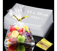 Mbsomnus 300 Pièces Sachet Bonbon Transparent 18x13 cm Sachet Plastique Transparent Cellophane Réutilisables Sac à Biscuit avec Cravates pour Pain Chocolats Biscuits Bijoux Mariage Anniversaires Noël