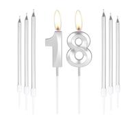 mciskin Bougies d'anniversaire argentées 18 - Bougie 3D numéro 18 pour gâteau avec ensemble de 6 bougies longues/fines, décoration de gâteau argentée pour fille garçon, fournitures de décoration