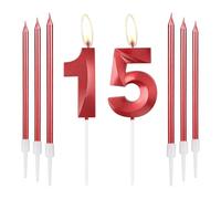 mciskin Bougies d'anniversaire rouges 15 - Design 3D Numéro 15 Bougie pour Gâteau avec Ensemble de 6 Bougies Longues/Fines, Décoration de Gâteau pour Fille de 15 Ans, Fournitures de Décoration pour
