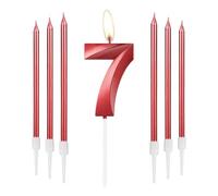 mciskin Bougies d'anniversaire rouges chiffre 7 - Bougie chiffre 7 design 3D pour gâteau avec lot de 6 bougies longues/fines, décoration de gâteau rouge pour fille décorations fournitures 7e