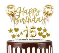 mciskin Bougies dorées Happy 15th Birthday avec paillettes pour gâteau d'anniversaire, ballons dorés Happy Birthday, bougies numéro 15 pour gâteau, bougies dorées pour décorations d'anniversaire pour
