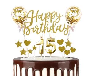 mciskin Bougies dorées Happy 15th Birthday avec paillettes pour gâteau d'anniversaire, ballons dorés Happy Birthday, bougies numéro 15 pour gâteau, bougies dorées pour décorations d'anniversaire pour