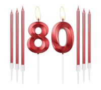 mciskin Bougies rouges pour 80e anniversaire - Design 3D numéro 80 Bougie à gâteau avec lot de 6 bougies longues/minces, décoration rouge pour gâteau 80e anniversaire femme, fournitures décorations 80