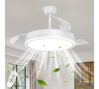 Mckalen Rétractable Ventilateur Plafond avec Lumière, Ventilateur Plafond LED avec Telecommande, 3 Températures, 6 Vitesses, 3 Pales Rétractables, Moteur DC Silencieux, Plafonnier Ventilateur (Blanc)