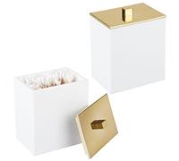 mDesign boite à coton et distributeur de coton tige en plastique en lot de 2 - boite de rangement avec couvercle - accessoire de salle de bain pour produits cosmétiques - blanc/doré