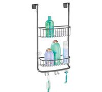 mDesign rangement de douche à suspendre - étagère de douche à monter sans perçage en métal inoxydable - 2 paniers de douche avec 6 crochets et porte-serviette pour les accessoires de douche - gris