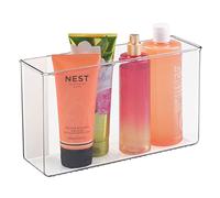 mDesign rangement mural sans perçage - rangement placard plastique à coller au mur ou à la porte de placard - panier de rangement pour accessoires de bain et cosmétiques - transparent