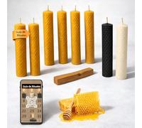 ME HECHIZAS TU® RITUAL Lot de 8 bougies au miel pur d'abeilles avec palo santo (6 miel, 1 noire, 1 blanche) pour abondance et nettoyage énergétique, artisanales avec guide numérique pour les 11 jours