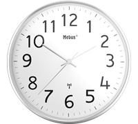 Horloge murale radio moderne Mebus. Boîtier métallique en argent. 30 cm de diamètre. Modèle 52680