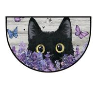 Meclich Tapis d'entrée en demi-cercle pour entrée, chat noir et lavande | Paillasson d'intérieur avec envers antidérapant et lavable - Absorbant l'eau - Pour cuisine et salle de bain - 91,4 x 61 cm