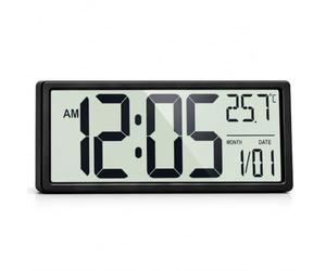 Mee 2ou Horloge Murale Numérique 16 Pouces - Grand Écran LCD sur Piles | Horloge décorative, grands chiffres lisibles | Alarme, date, calendrier, température | Seniors, chambre, salon, cuisine, noir