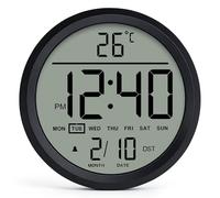 Mee 2ou Pendule murale numérique ronde 8″, Alimentation par piles, réveil, thermomètre, affichage 12/24H, Calendrier, grands chiffres LCD, montage mural, silencieuse, Pour cuisine, salon, bureau, Noir