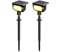 MEEKBOS Spot Solaire LED Jardin, 200 lm, 3000K Blanc Chaud, 2 Pièces | avec Capteur Crépusculaire, Projecteur Solaire Extérieur IP65 Étanche sur Piquet pour Éclairage de Jardin, Pelouse et Allée