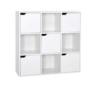 Meerveil Bibliothèque 9 Casiers, 4 Ouverts + 5 Portes, Blanc, 90x30x90 cm | Structure en bois massif. Exposez et rangez vos affaires. Idéal salon, bureau, étude. Gain de place.