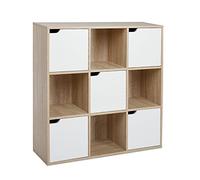 Meerveil Bibliothèque 9 Casiers, 4 Ouverts + 5 Portes, Chêne, 90x30x90 cm | Structure en bois massif. Exposez et rangez vos affaires. Idéal salon, bureau, étude. Gain de place.