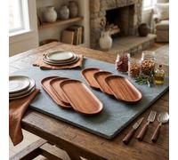 MeevrgR Lot de 6 plateaux de service rectangulaires en bois de noyer massif avec bord surélevé antidérapant pour nourriture, collations, fruits, desserts et apéritifs, finition marron, décoration de