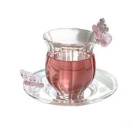 MeevrgR Tasse verticale en verre nervuré avec papillon rose 3D, tasse à café en forme de fleur et soucoupe pour thé floral, verre transparent pour décoration de maison et de fête