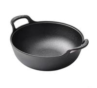 MeevrgR Wok en fonte non revêtue de 20 cm, poêle à frire à fond plat avec couvercle en bois et deux poignées, poêle à frire antiadhésive pour plaques à induction à gaz (A)