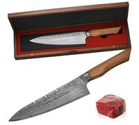 MEG Couteau de Chef Japonais Gyuto - Lame Damas 73 couches à motif plume, affûtage en V professionnel 9-12°, manche en bois d’olivier ergonomique, coffret bois d’acacia - Couteau de Cuisine Premium