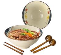 mehrido Ensemble de bols à ramen en céramique, 2 ensembles de 1,2 litres - Grands bols à nouilles japonaises avec cuillères et baguettes pour soupe, udon, soba, pho, nouilles asiatiques, salade de