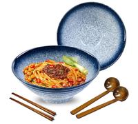 mehrido Ensemble de bols à ramen en céramique, 2 ensembles de 950 ml - Grands bols à nouilles japonaises avec cuillères et baguettes pour soupe Udon Soba Pho, nouilles asiatiques, salade de pâtes