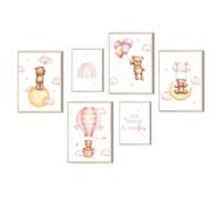 MeinBaby123® Ensemble de 6 posters pour chambre d'enfant, 4 pièces au format A4 et 2 au format A5, décoration pour chambre d'enfant, posters muraux de haute qualité (ours et ballon rose)