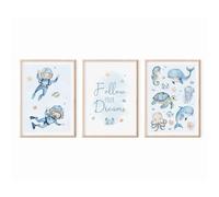 MeinBaby123® Lot de 3 images du monde sous-marin - Format A4 - Baleine, tortue, dauphin, hippocampe - Décoration chambre d'enfant - Cadeau naissance