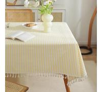 meioro Nappe rayée Table Cloth Rectangulaire avec Pompons, Nappes Lavables Linge de Table Décoratif pour Cuisine, Salle à Manger et Tabletop Tablecloth (Jaune et Blanc,90x90cm)