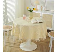 meioro Nappe rayée Table Cloth Ronde avec Pompons, Nappes Lavables Linge de Table Décoratif pour Cuisine, Salle à Manger et Tabletop Tablecloth (Jaune et Blanc,Ronde 150cm)