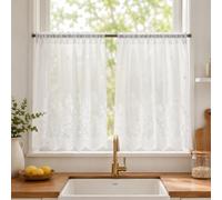 meioro Rideau de Cuisine en Dentelle, Blanc, 66 x 61 cm, Lot de 2 | Demi-rideau à broderie florale moderne, filtrant la lumière pour la décoration de la maison, salon, cuisine