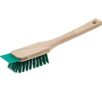 Meister 4360350 Brosse pour tondeuse à gazon avec grattoir - Poils robustes en plastique et long manche en bois - Vert - Brosse pour outils de jardin - Balayette à main pour le nettoyage de la tondeuse à gazon