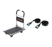 Meister 8985620 Chariot Plateforme Cut-Off - Pliable 150 kg & wolfcraft 3421000 2 Sangles de Serrage | Longueur 4 m | Force de Serrage 120 kg,Argent