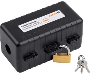 Meister Safebox 7436120 Boîte de rangement pour câbles jusqu'à 18 mm d'épaisseur avec cadenas et clés pour Euro & Schuko Noir 120 x 60 x 60 mm