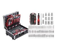 Meister Valise à outils 156 pièces, 8971440 & Amazon Basics Ensemble de 73 pièces, clés magnétiques à cliquet et tournevis de précision pour l'électronique, Argent, Noir, Rouge